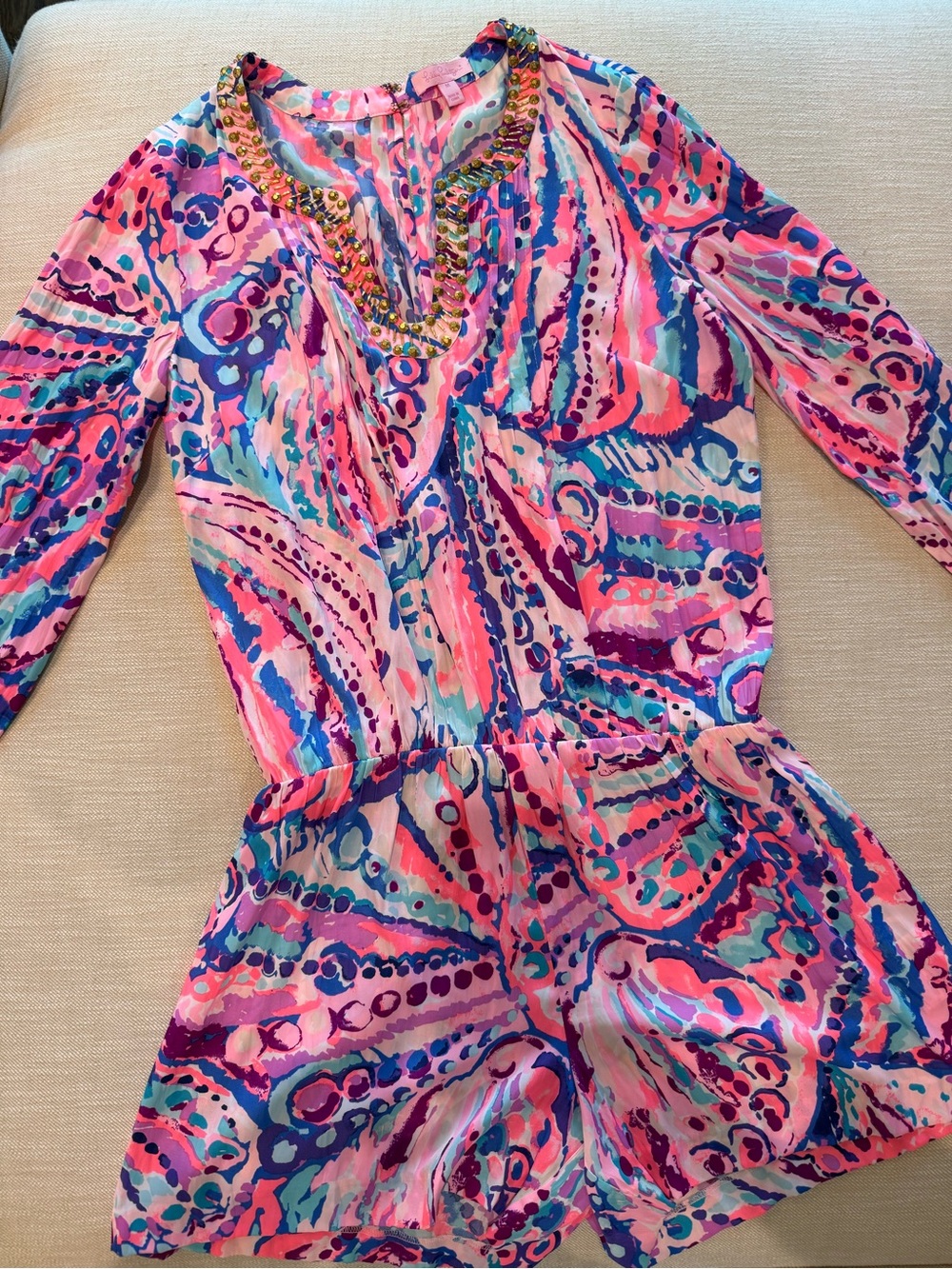 Women’s Lilly Pulitzer & Blue Patterned One-Piece Romper - Beaded V-Neck Size M
